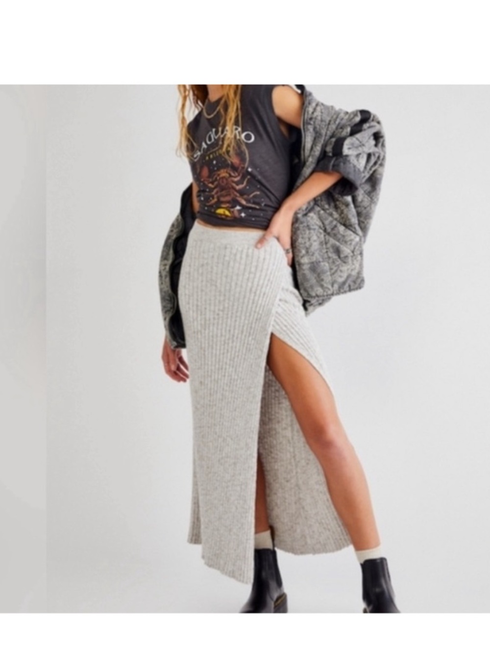 Free People Better Days Sweater Ribbed Midi Skirt with High Side Slit - Picture 2 of 7
